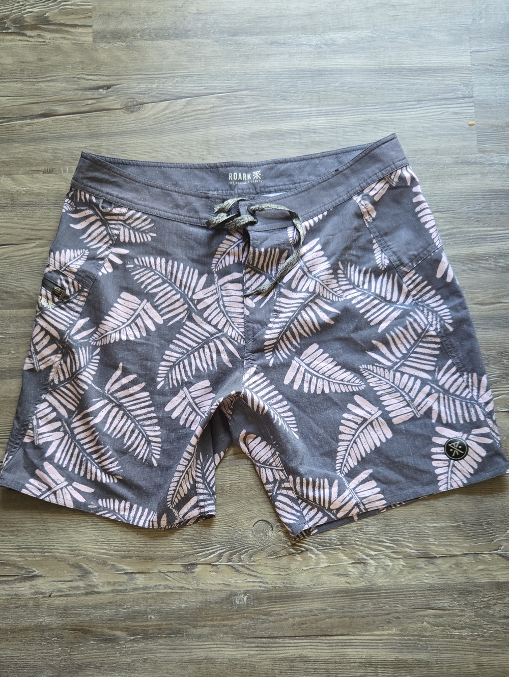 Roark Men’s Charcoal Swim Shorts with Light Pink Palm Print
